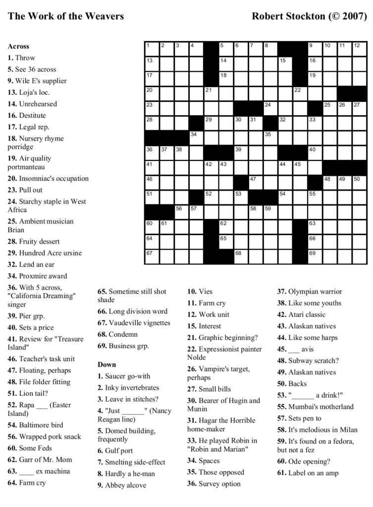 Free Crossword Puzzle 19 The Work Of The Weavers Beekeeper 