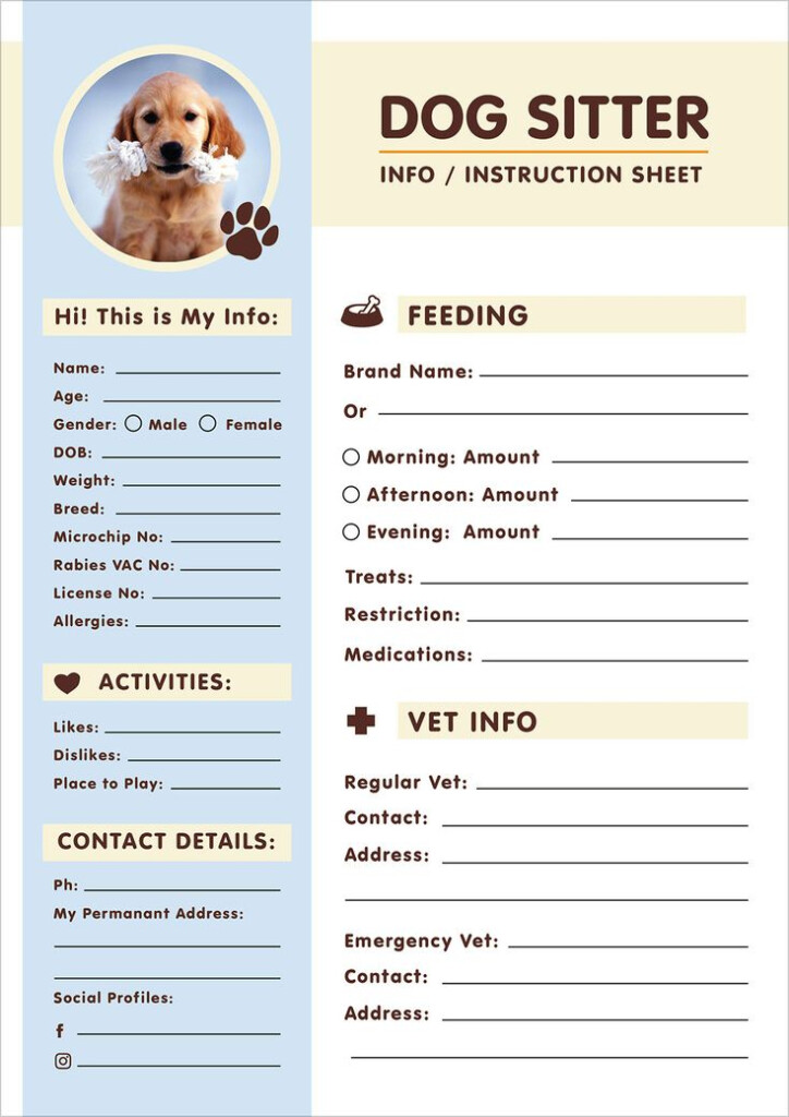 Free Dog Sitter Instruction Information Sheet Design Template Pet 