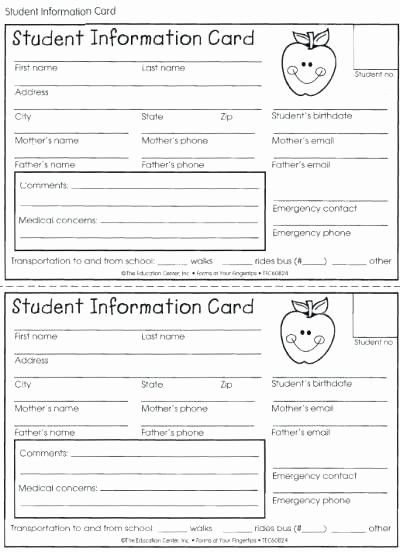 Free Emergency Contact Card Template Lovely Student Information Card 