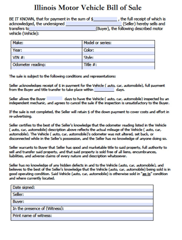 Free Illinois Motor Vehicle Secretary Of State Bill Of Sale Form 