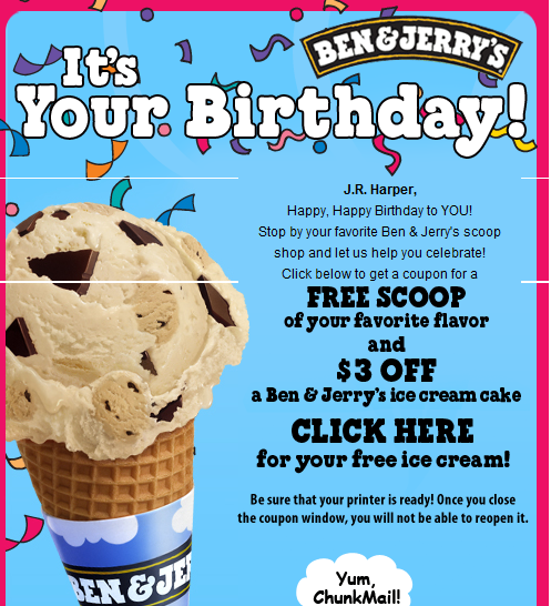 FREE IS MY LIFE FREE ON YOUR BIRTHDAY Ben Jerry s Ice Cream