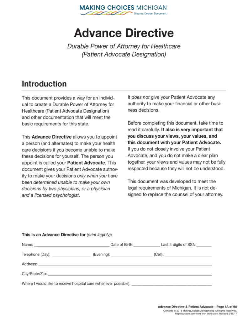 Free Michigan Advance Directive Form PDF EForms