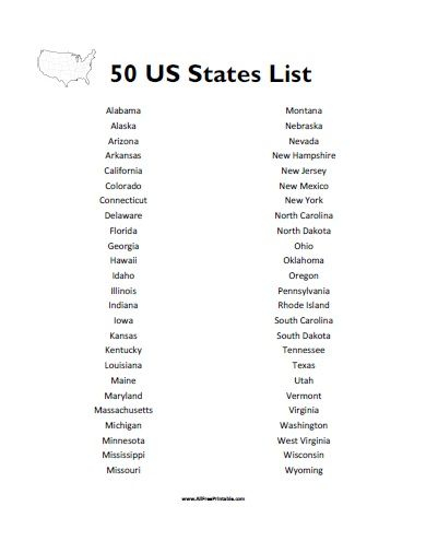 Free Printable 50 US States List Free Printable 50 US States List A 