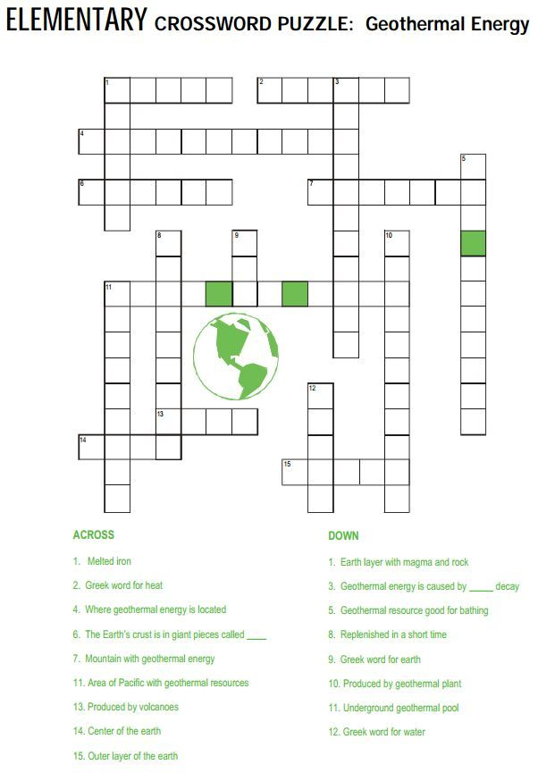 FREE Printable Elementary Crossword Puzzle Geothermal Energy