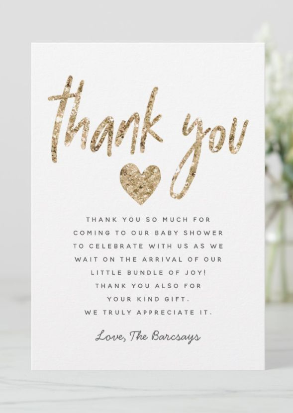 Glam Gold Glitter Heart Baby Shower Thank You Card Zazzle Baby 
