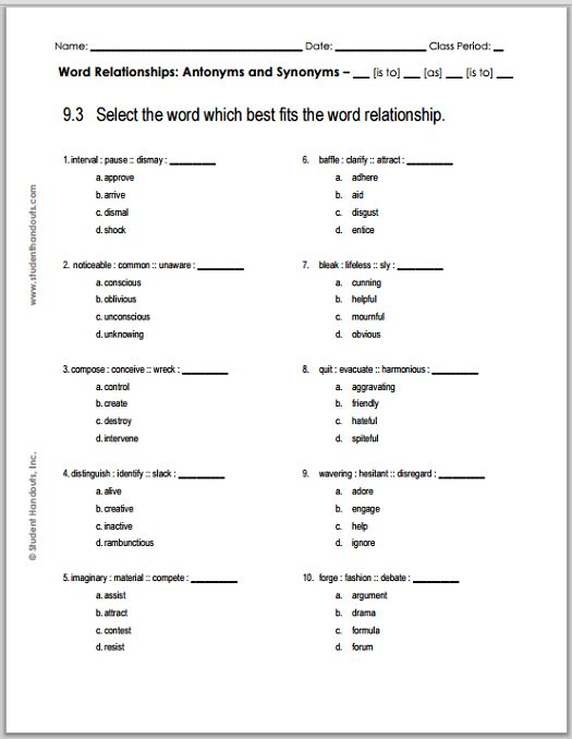 Grade 9 Verbal Reasoning Worksheet 3 Free To Print PDF File 