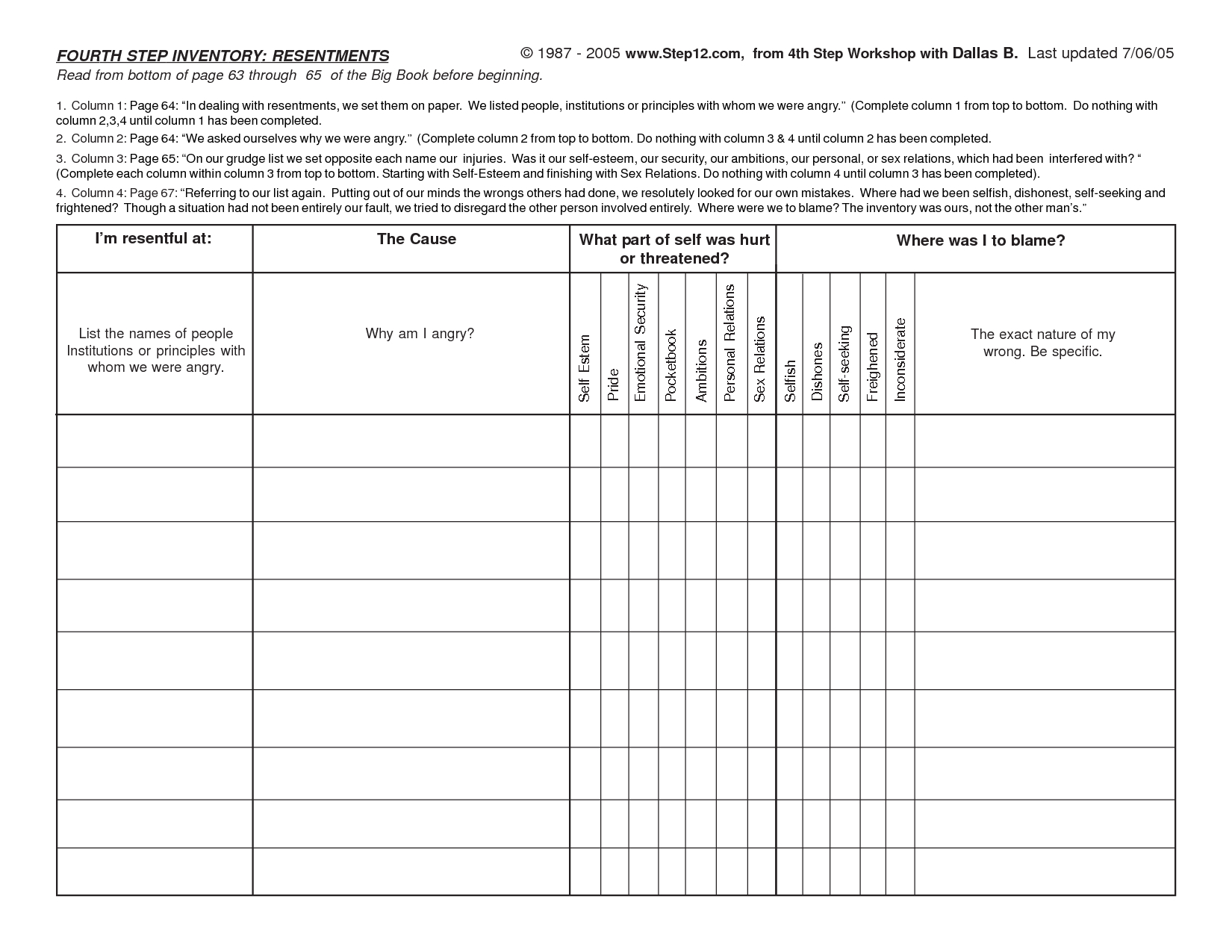 Hazelden 4Th Step Worksheet Db excel