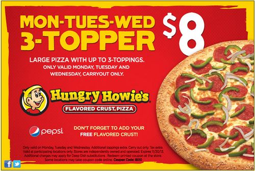 Hungry Howie s Pizza Coupons Get A Large 3 topper Pizza For 8 At 
