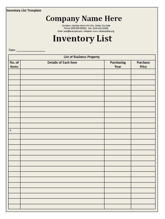 Inventory List Template Free Word Templates