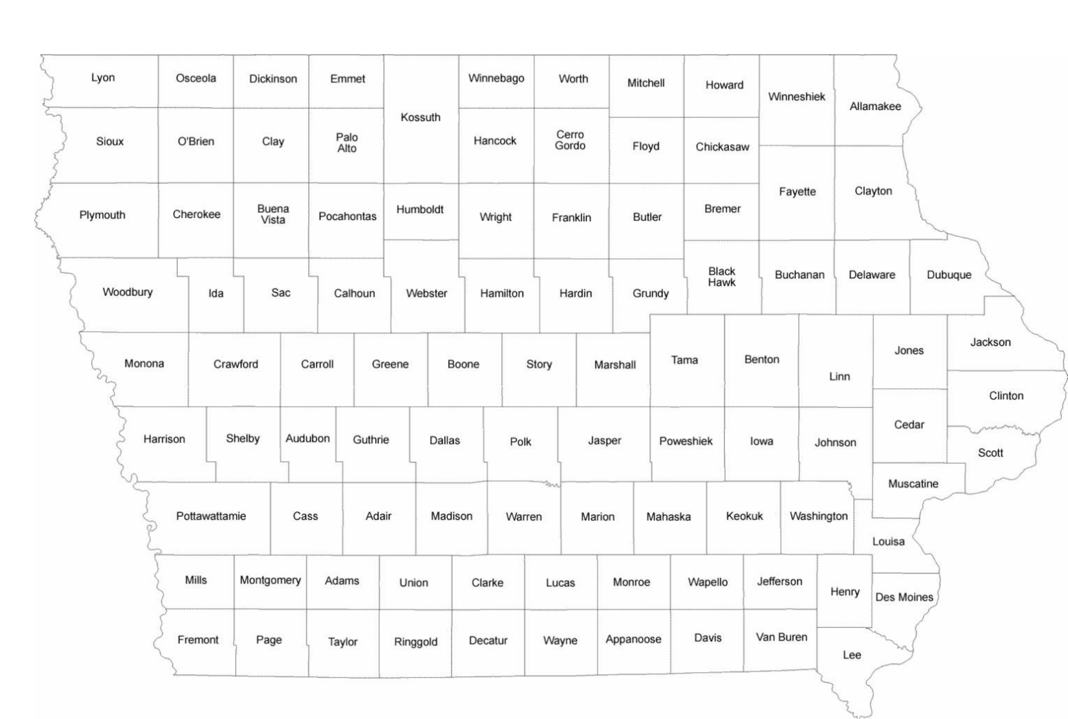 Iowa County Map With County Names Free Download