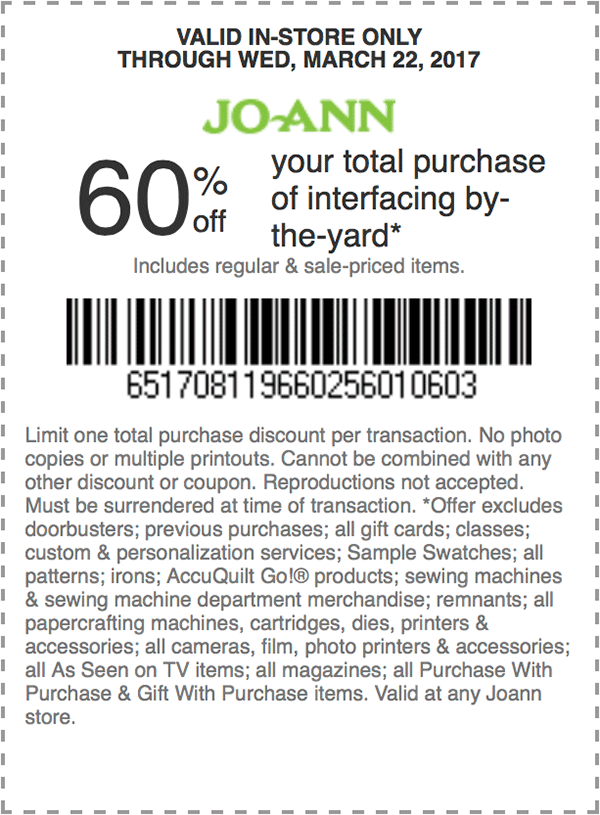 JOANN s Coupon EXP 3 22 60 Off Your Total Purchase Of By the yard 