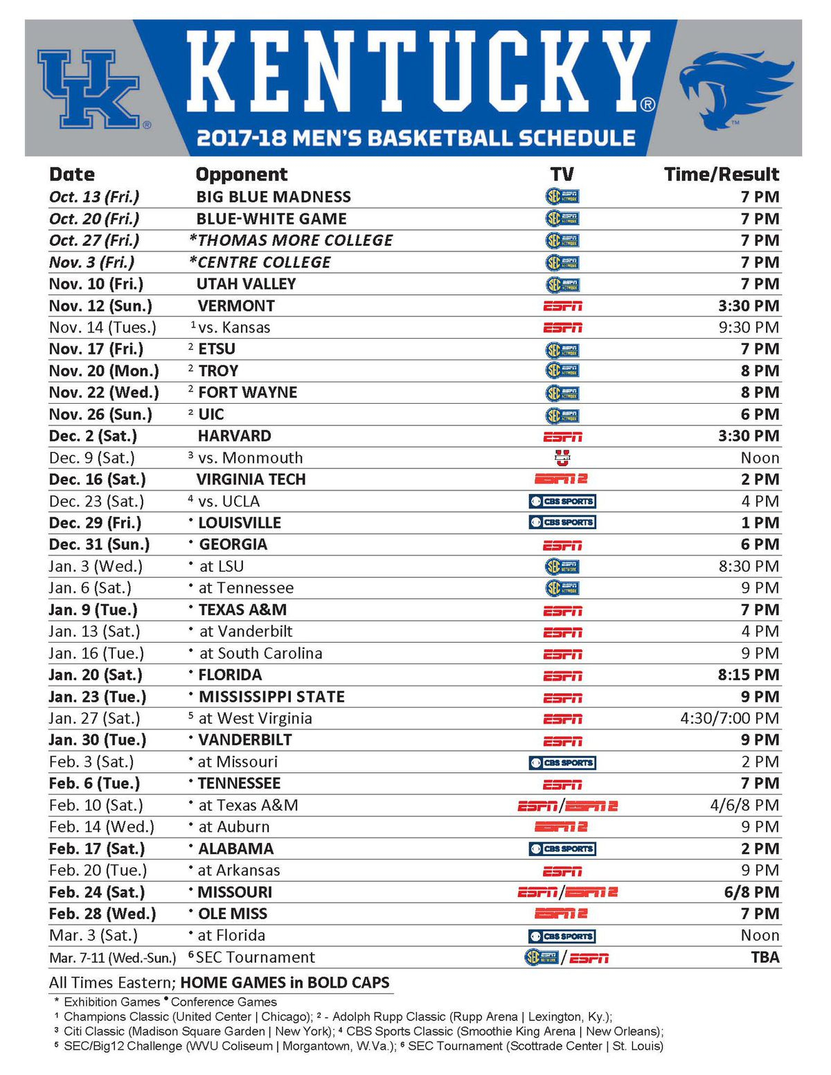 Kentucky Wildcats Basketball Full 2017 18 Schedule Channels Dates