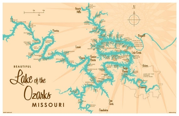 Lake Of The Ozarks MO Map Print With Mile Markers By LakeboundShop