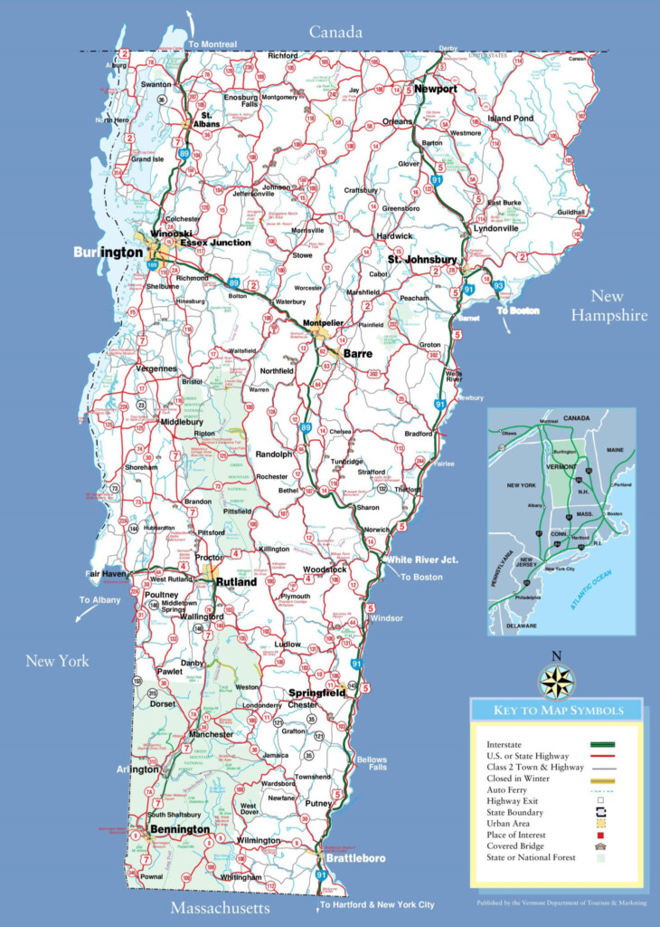 Large Detailed Tourist Map Of Vermont With Cities And Towns Printable 