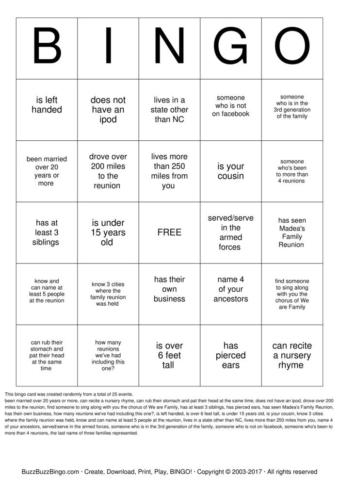 Lawrence Family Reunion Bingo Cards To Download Print And Customize 