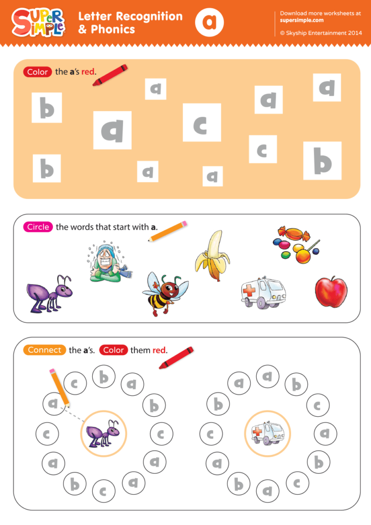 Letter Recognition Phonics Worksheet A lowercase Super Simple