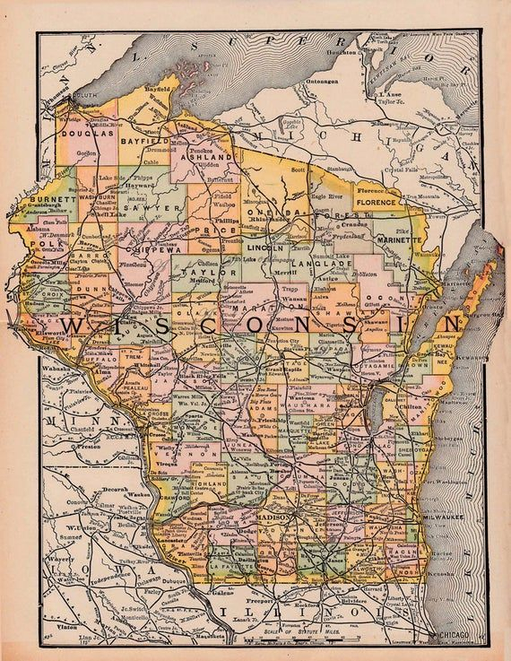 Map Of Wisconsin From 1891 Printable Wall Art Unique Home Decor