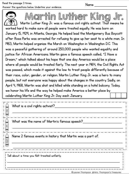 Martin Luther King Jr Comprehension Worksheets Worksheets Master