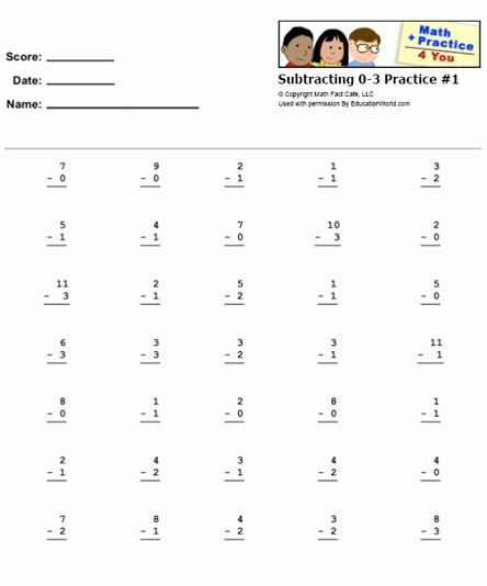 Math Practice 4 You Printable Work Sheets Math Facts Subtracting 0 3 