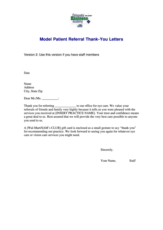 Model Patient Referral Thank You Letter Template Printable Pdf Download