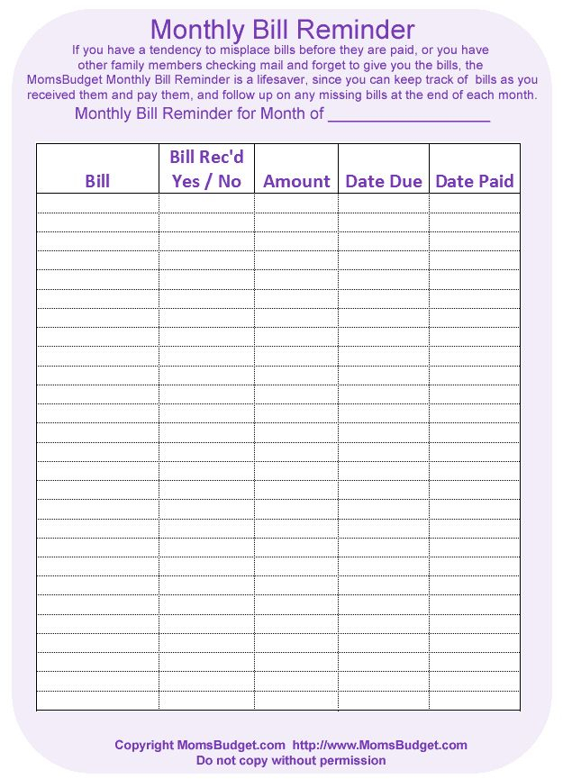Monthly Bill Reminder Worksheet Free Printable Moms Budget Monthly