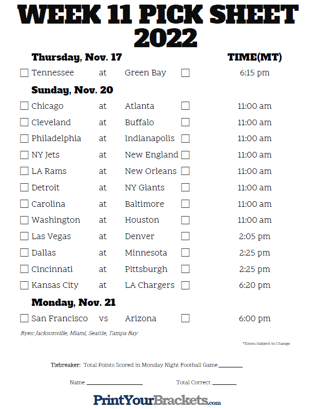 Nfl Week 11 Printable Schedule FreePrintable.me