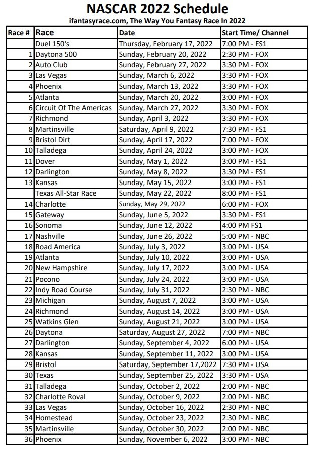 NASCAR 2022 Printable Schedule With Start Times And Channels
