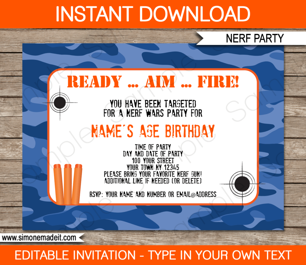 Nerf Printables Blue Camo Editable Birthday Party Templates