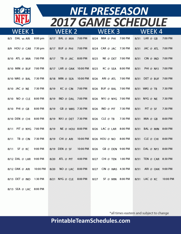 NFL Preseason Schedule 2017 Nfl Preseason Nfl Tv Schedule