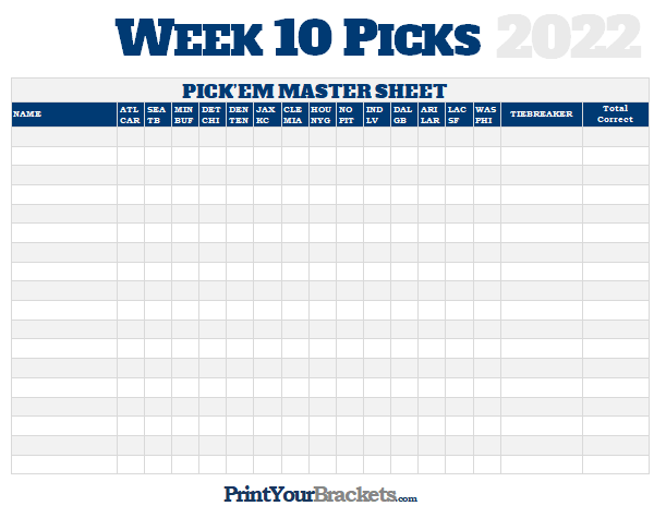 NFL Week 10 Picks Master Sheet Grid 2022