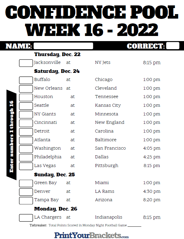 NFL Week 16 Confidence Pool Sheet 2022 Printable