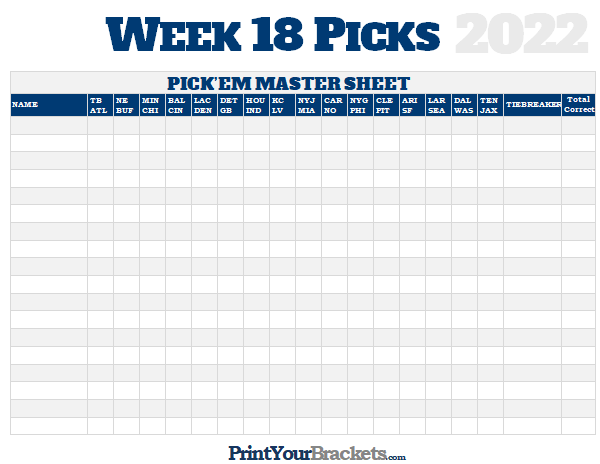 NFL Week 18 Picks Master Sheet Grid 2022