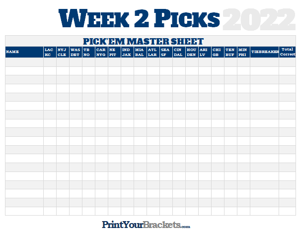 NFL Week 2 Picks Master Sheet Grid 2022