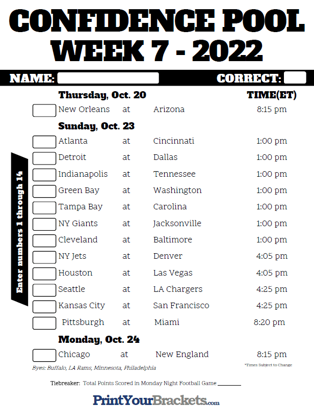 NFL Week 7 Confidence Pool Sheet 2022 Printable FreePrintable.me