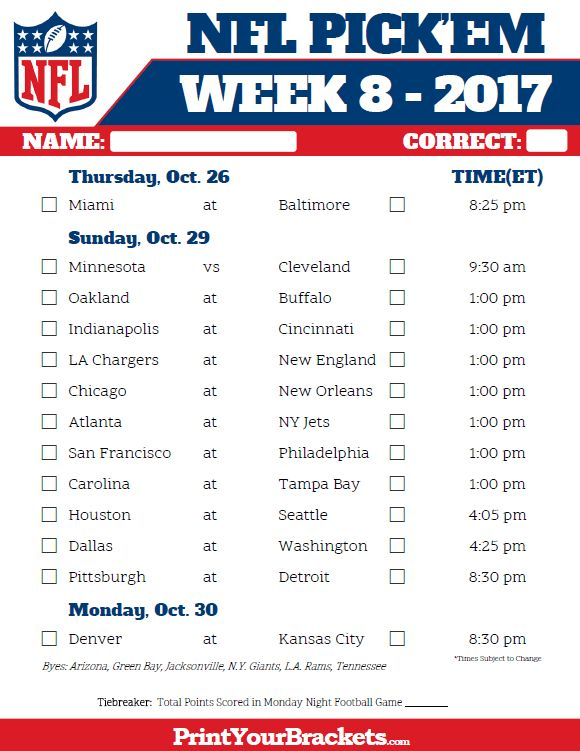 NFL Week 8 Pick em Sheet In Color Nfl Fantasy Football Nfl Week 1