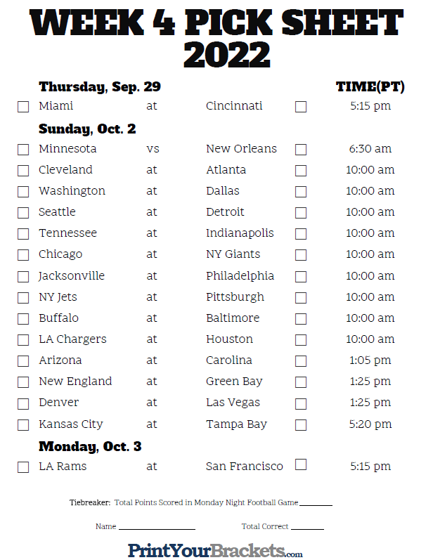 Pacific Time Week 4 NFL Schedule 2022 Printable