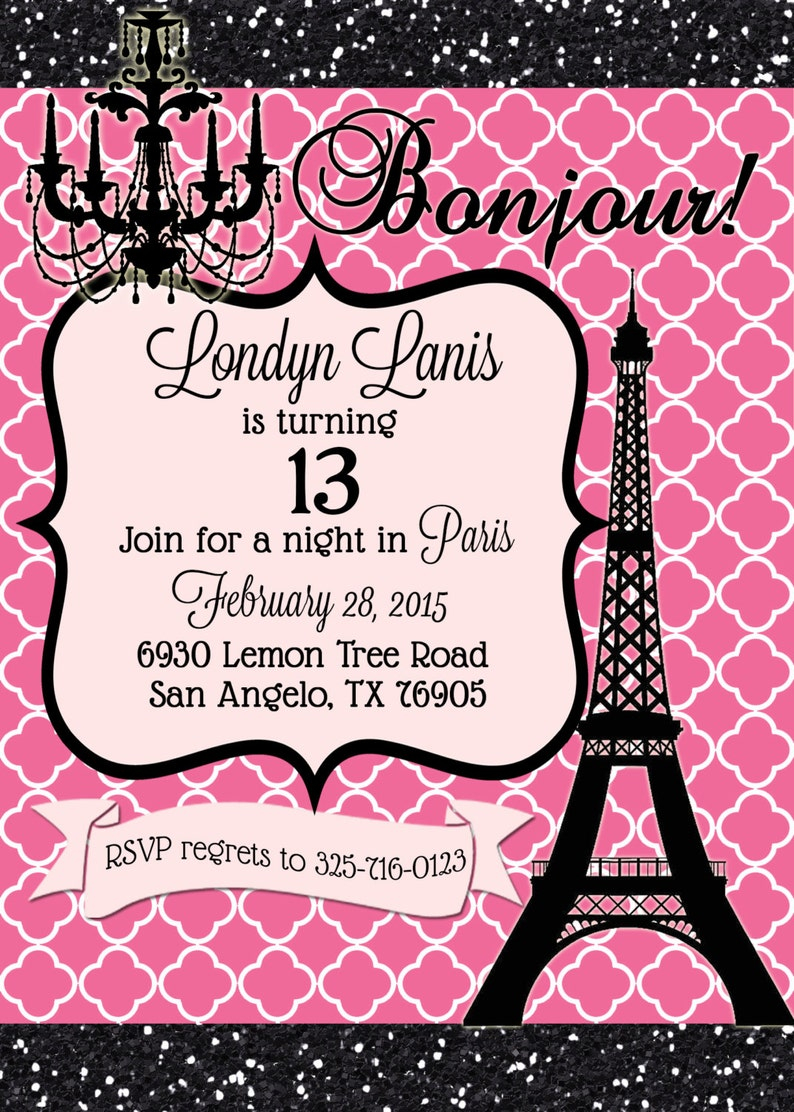 Paris Birthday Party Invitation In Pink And Black With Etsy