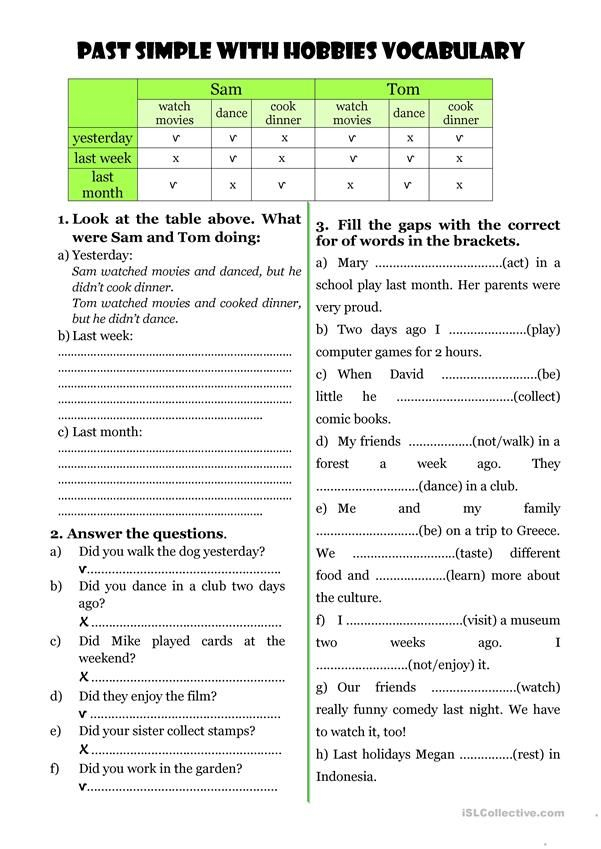 Past Simple Free Time Activities Vocabulary English ESL Worksheets