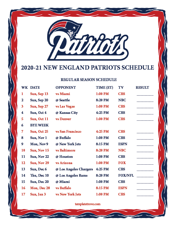 Patriots Schedule 2021 202221 Printable FreePrintableTM 