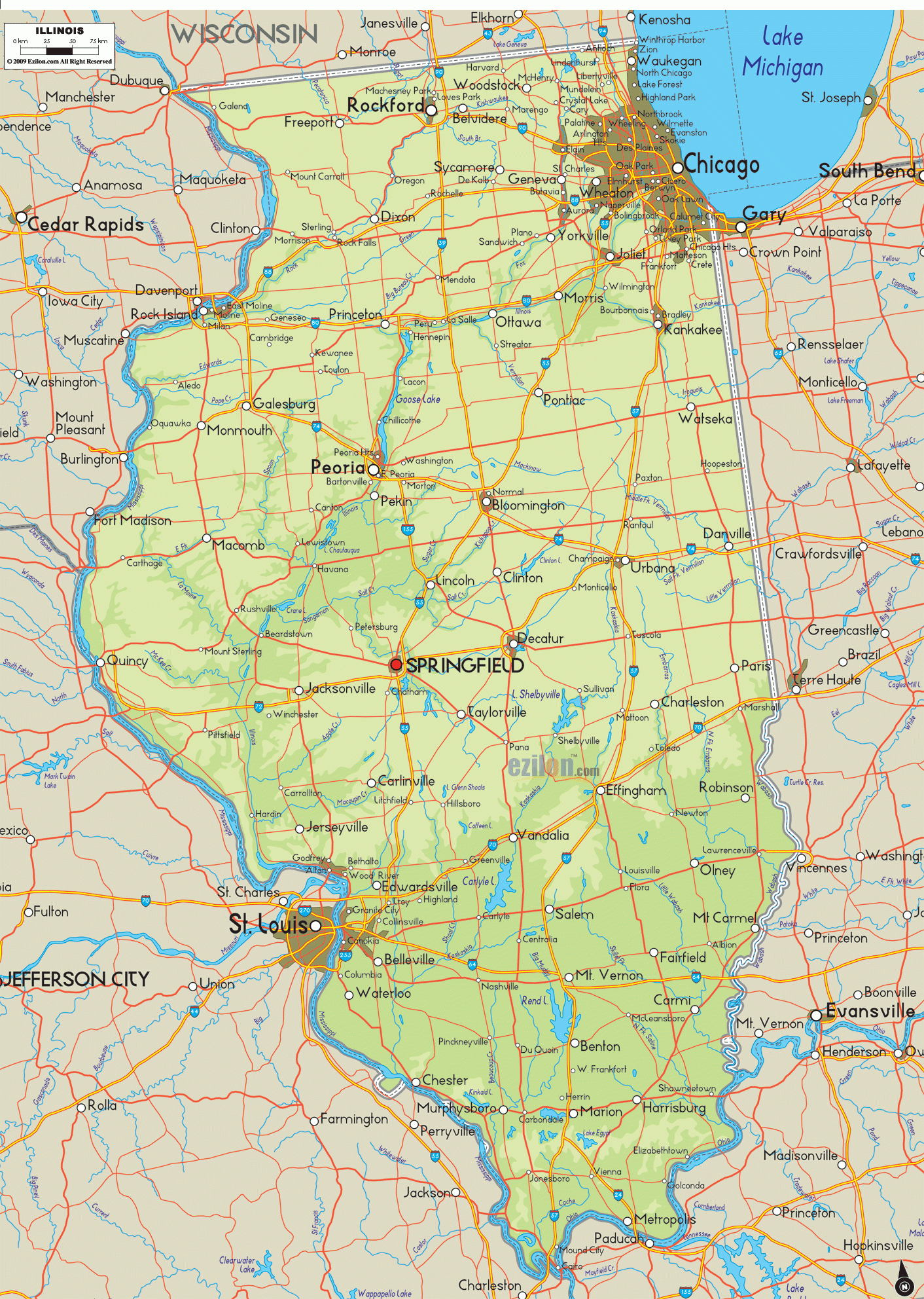 Physical Map Of Illinois Ezilon Maps - FreePrintable.me