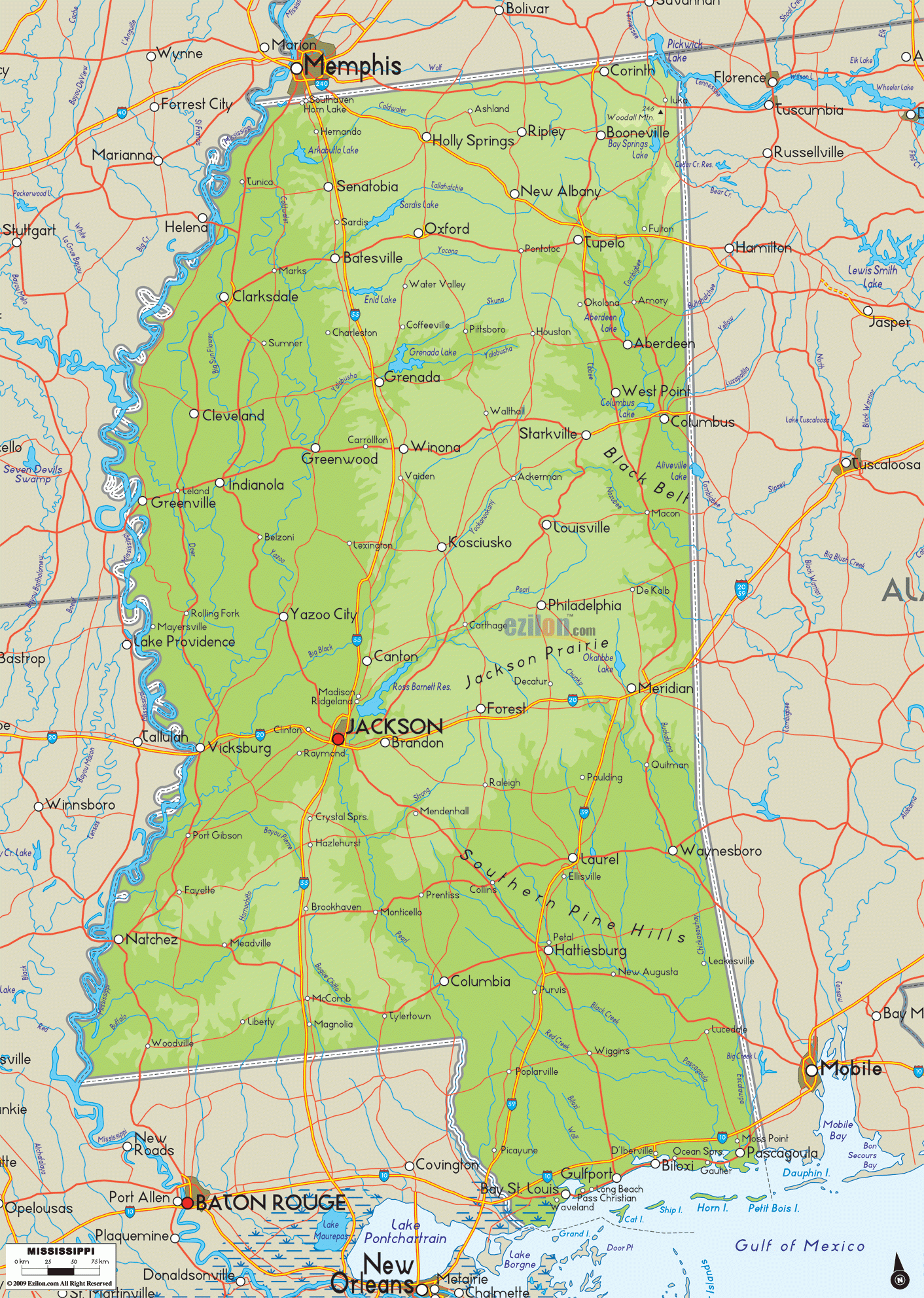 Physical Map Of Mississippi Ezilon Maps