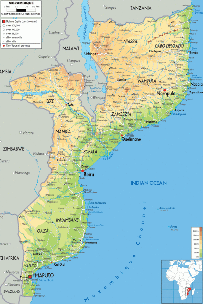 Physical Map Of Mozambique Ezilon Maps