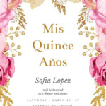 Pink And Gold Roses Quincea era Invitation Template free
