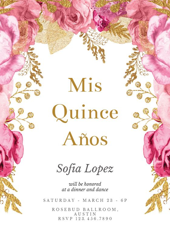 Pink And Gold Roses Quincea era Invitation Template free 