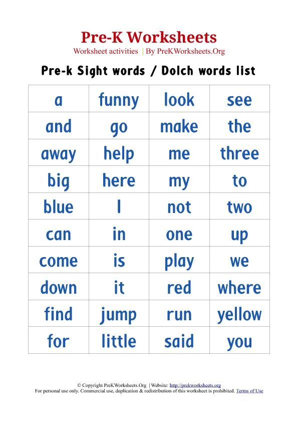 Pre K Sight Words Charts Dolch Words List Pre K Sight Words Site