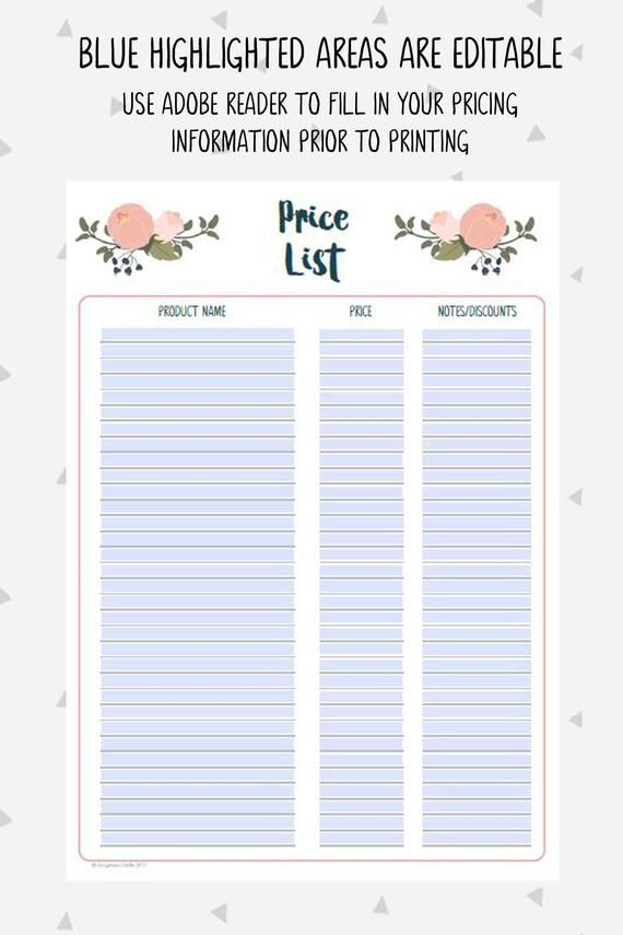 Price List Price Chart Handmade Business Printable Craft Etsy UK 