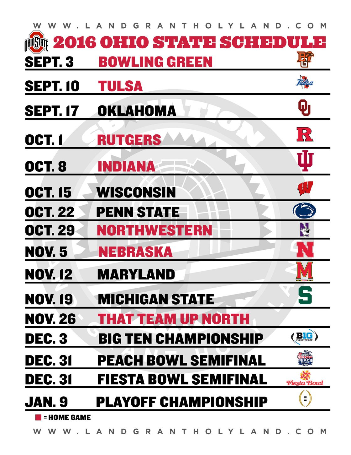 Print Your Own 2016 Ohio State Football Graphical Schedule Land Grant