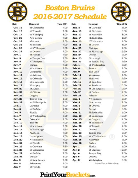 Printable 2016 2017 Boston Bruins Hockey Schedule Sabres Hockey 