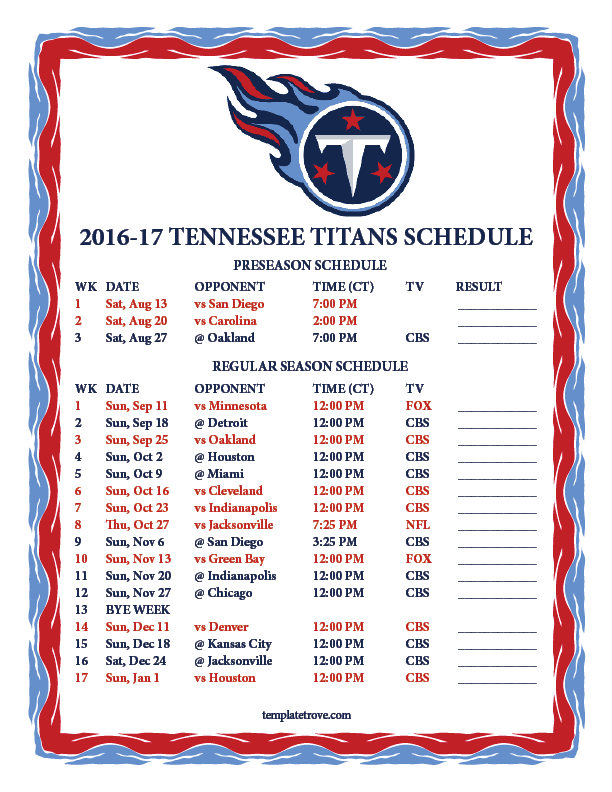 Printable 2016 2017 Tennessee Titans Schedule