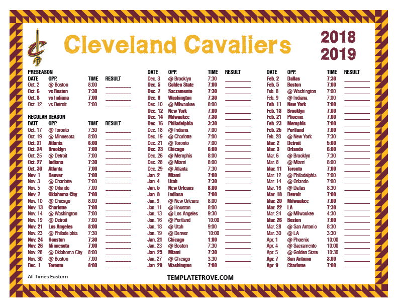 Printable 2018 2019 Cleveland Cavaliers Schedule